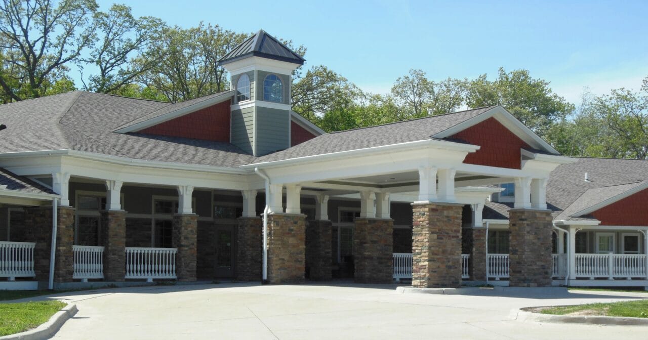 Exterior view of a senior living facility entrance