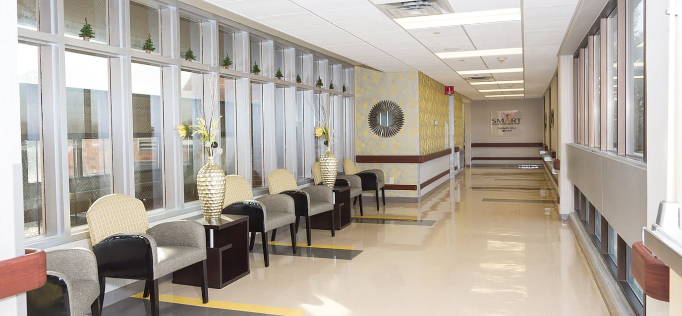 Bright corridor with seating and decorative elements