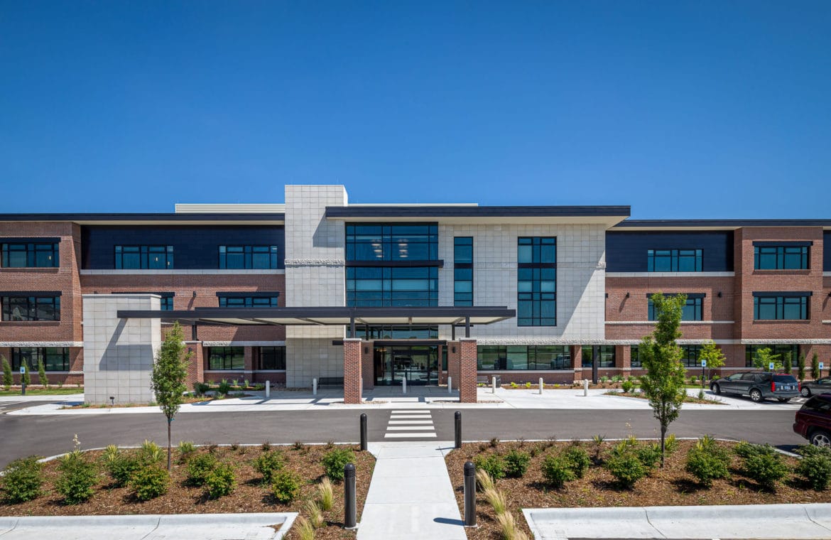 Exterior view of a modern assisted living facility