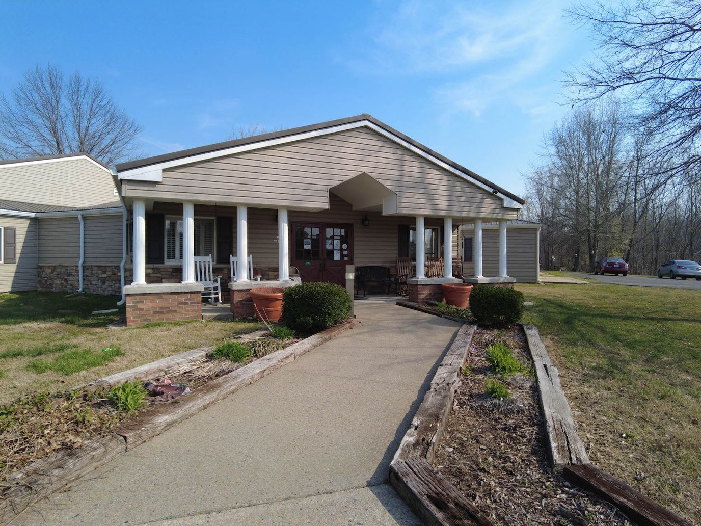 Exterior view of a senior living facility entrance