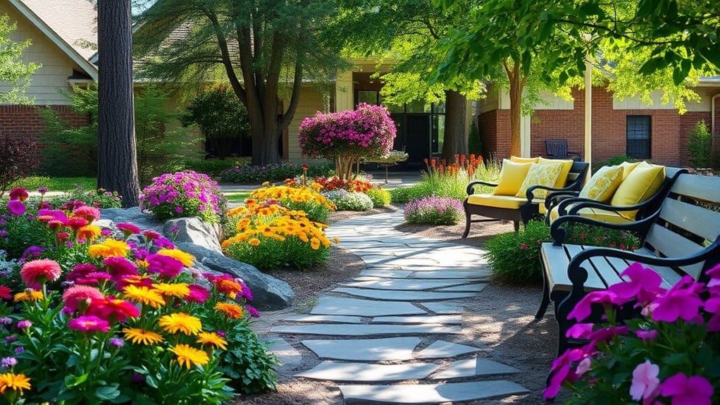 Beautiful garden pathway surrounded by vibrant flowers