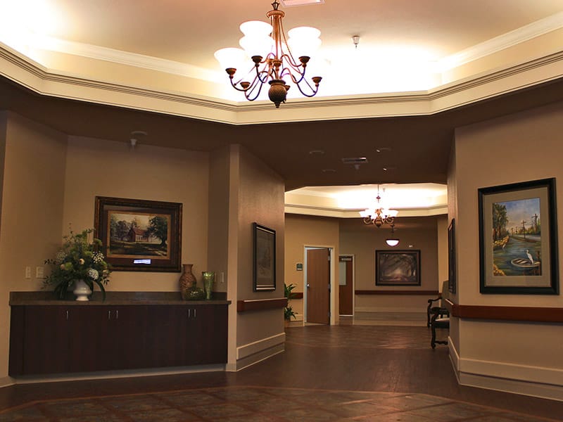 Interior view of a spacious lounge area with artwork