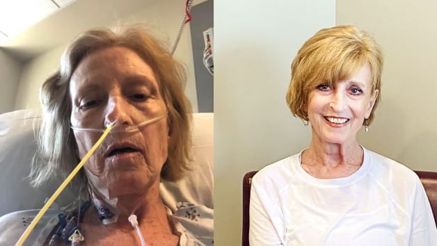 Senior woman receiving care in a hospital bed and smiling