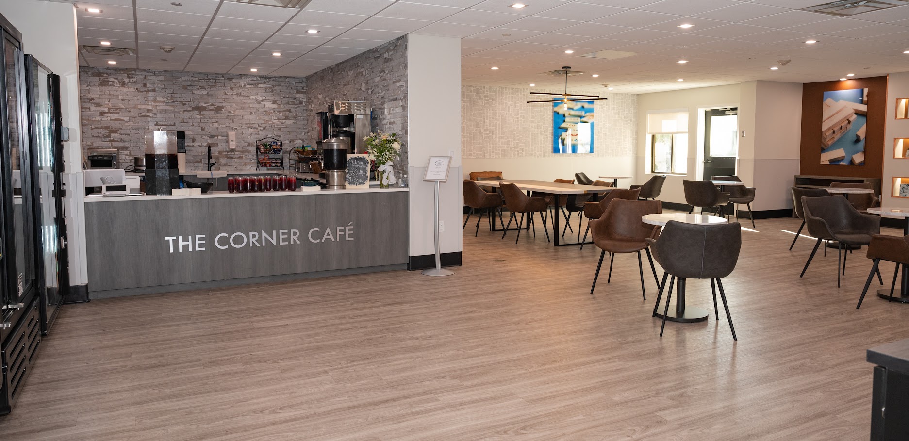 Bright interior of a café area with seating