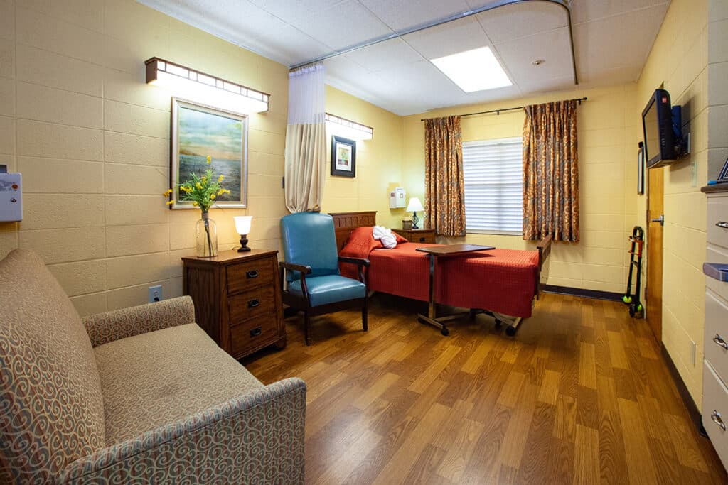 A cozy private room in a senior living facility