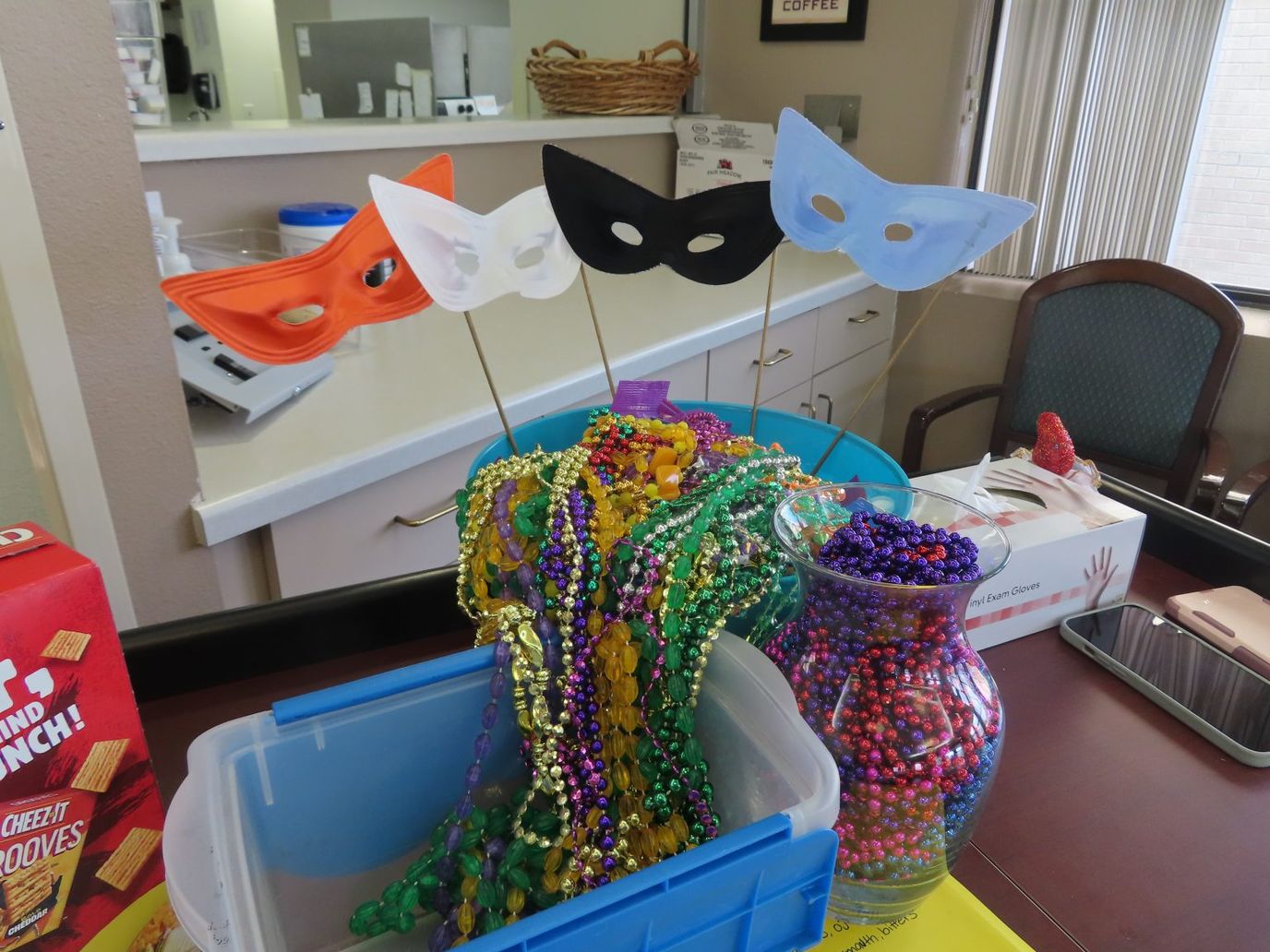 Colorful masks and beads for a festive activity