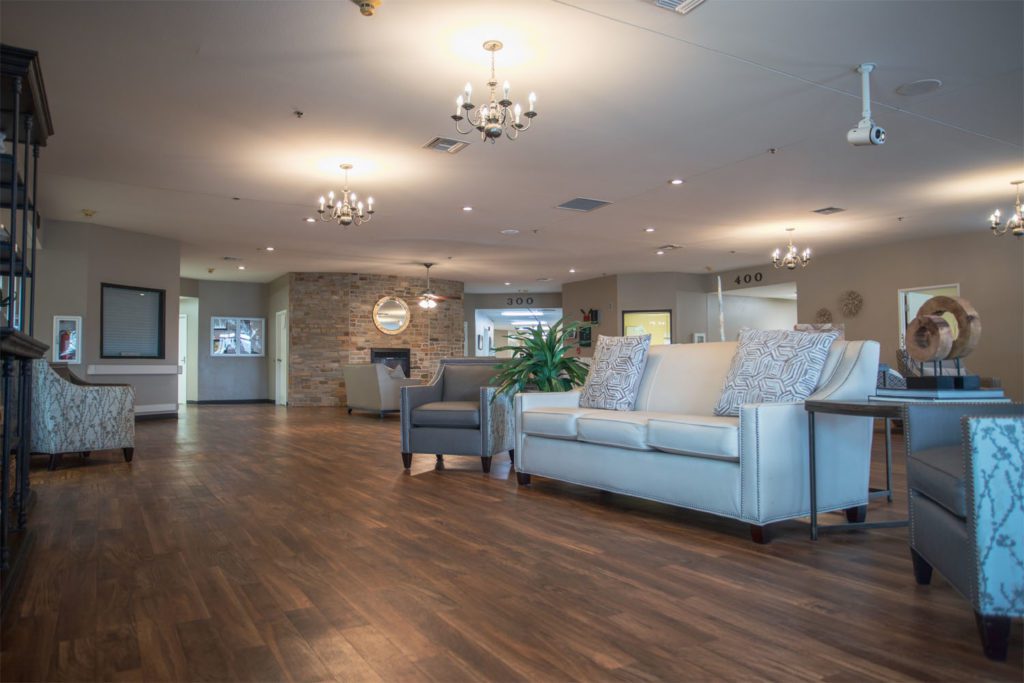Interior view of a spacious common area with seating