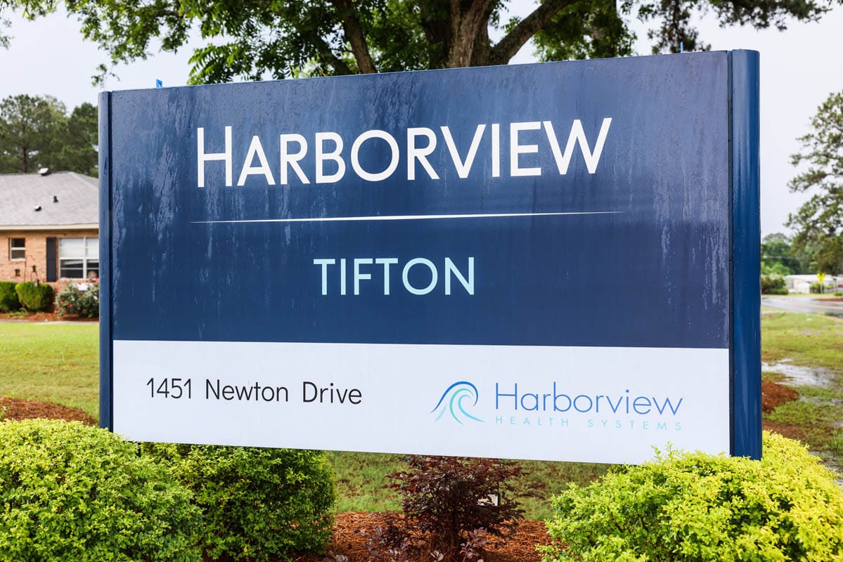 Exterior sign for Harborview senior living facility