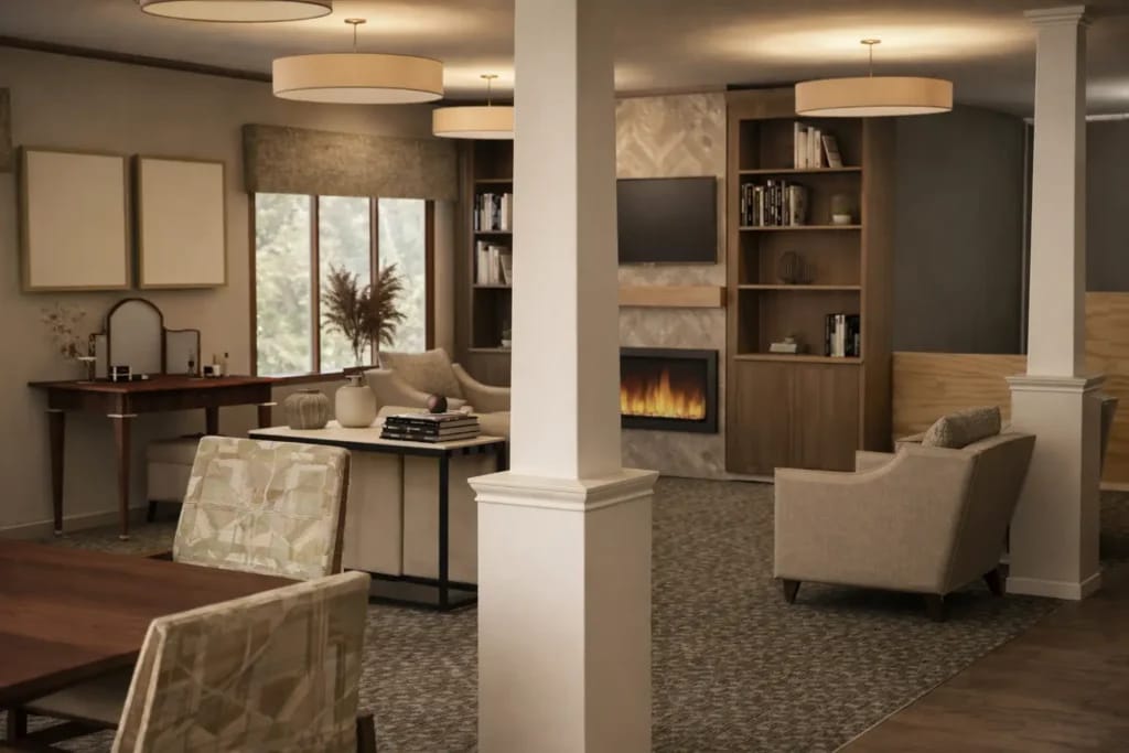 Cozy common area with seating and fireplace