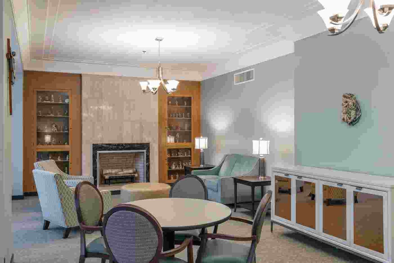 Cozy common area with comfortable seating and fireplace