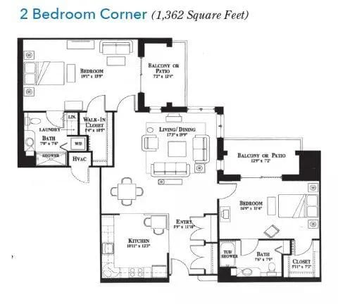 Architectural floor plan of a two-bedroom unit