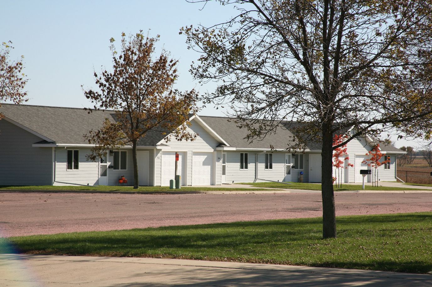 Exterior view of senior living cottages with trees