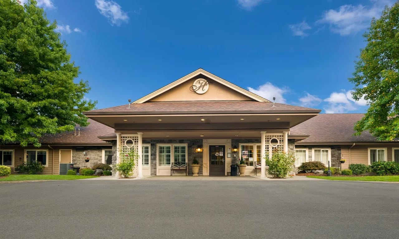 Exterior view of a senior living facility entrance