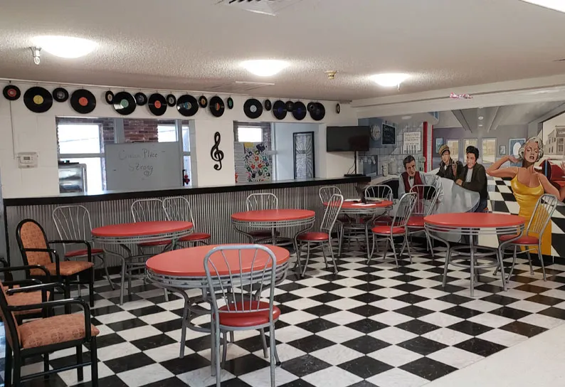Interior common area with retro decor and seating