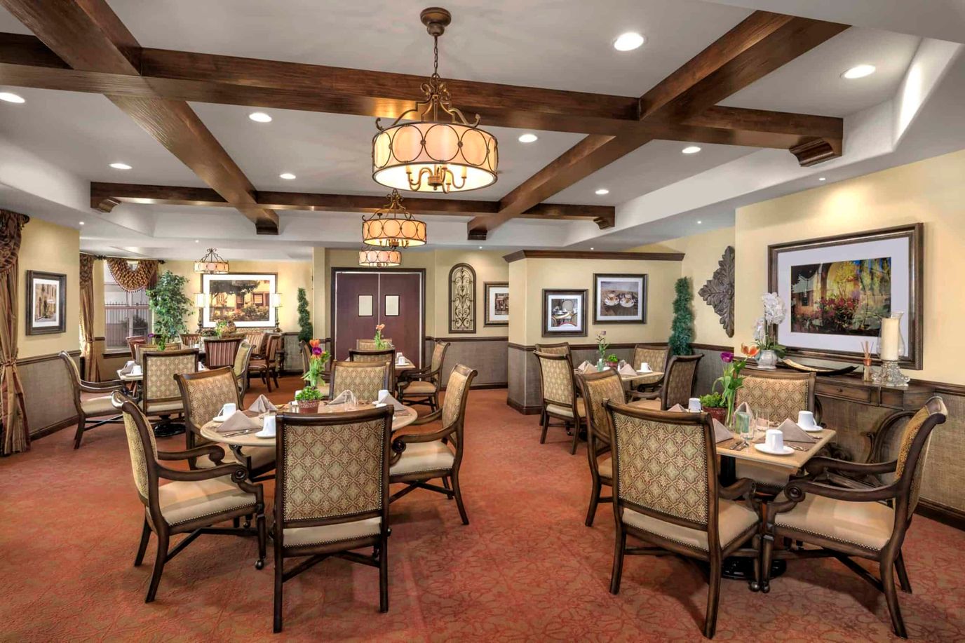 Dining room setup with tables and chairs