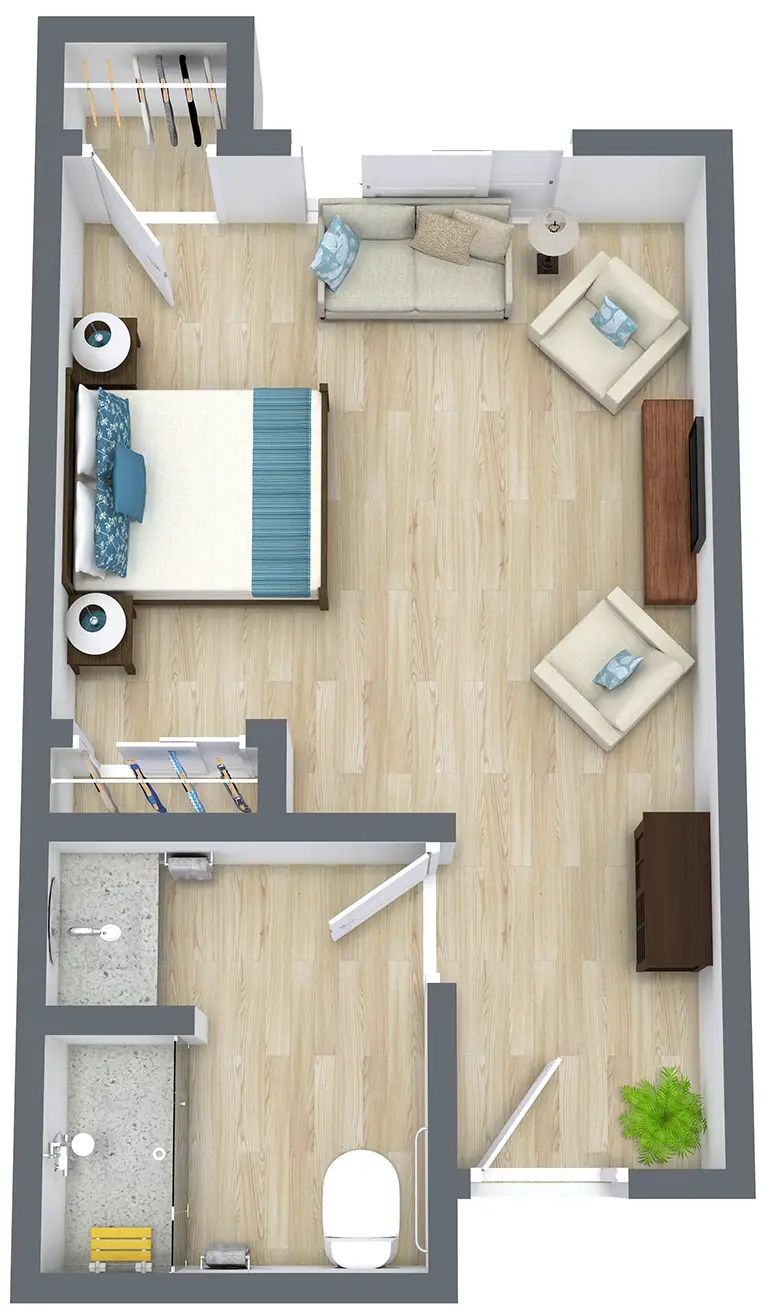 A floor plan of a private resident room layout