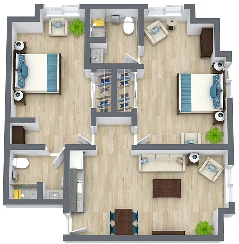 Floor plan of a shared two-bedroom suite