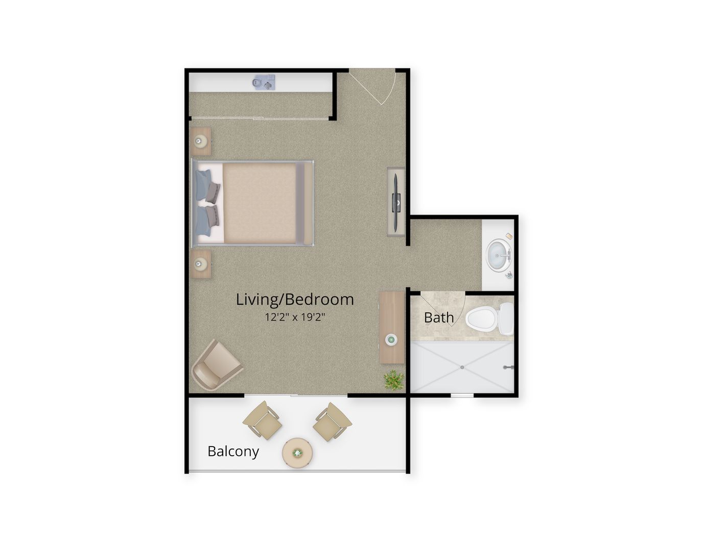 Grossmont Gardens Memory Care, nursing home — Floor plan of a senior living unit with balcony