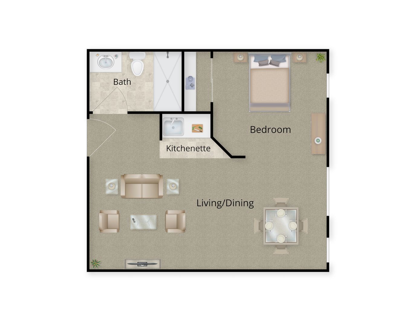 Layout of a one-bedroom unit with living and dining areas