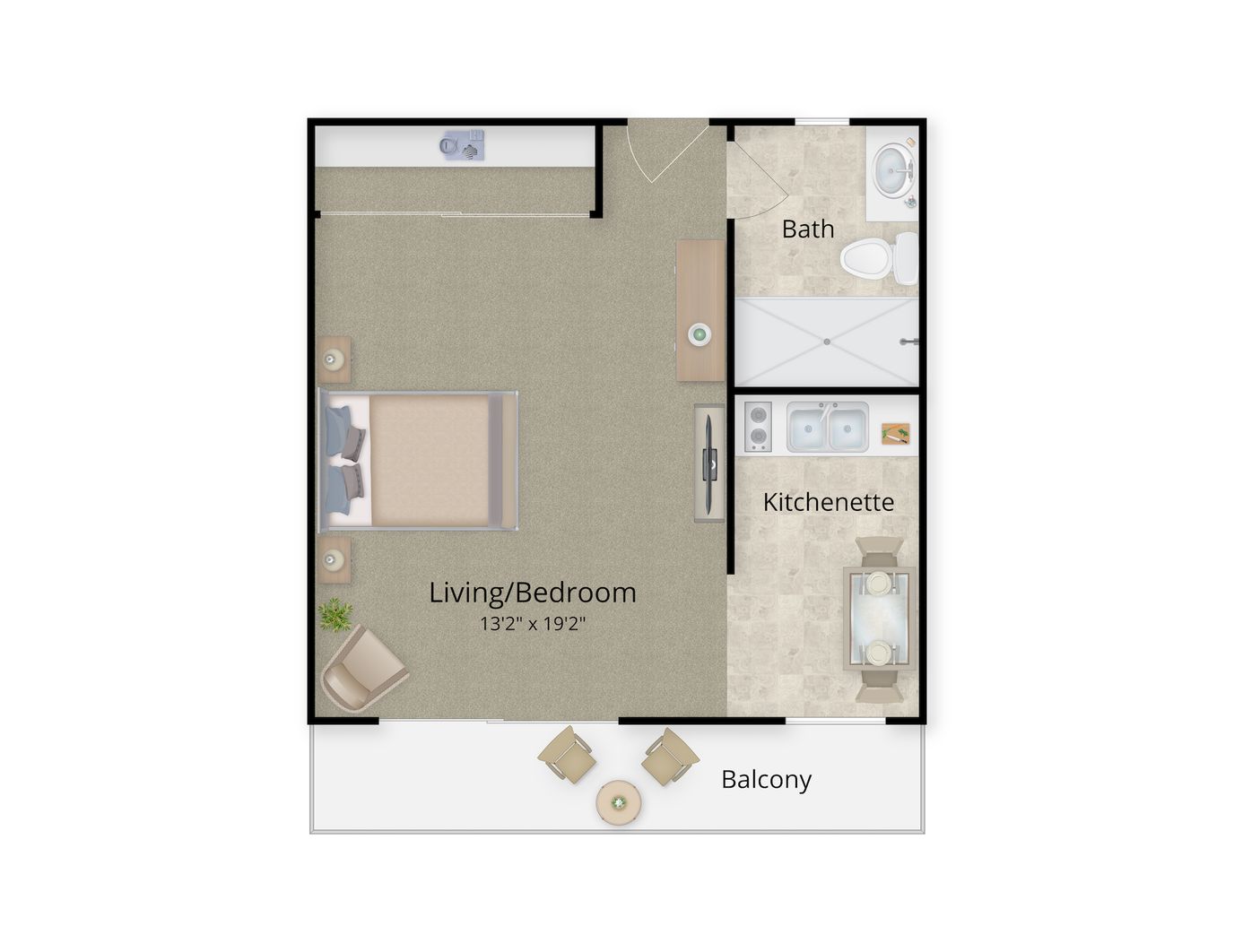 Floor plan of a living unit with kitchenette and balcony