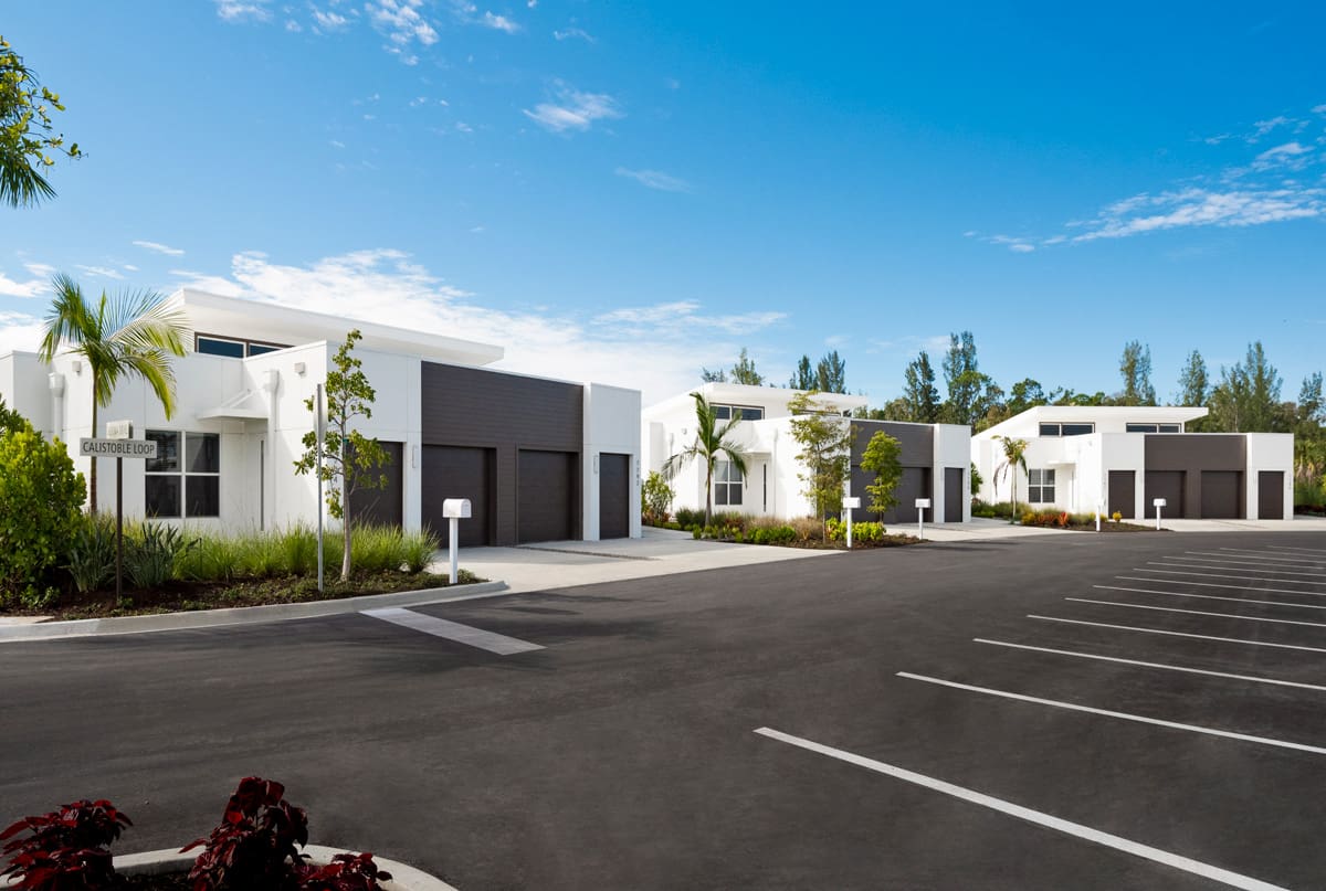 Exterior view of modern buildings in a senior living facility.