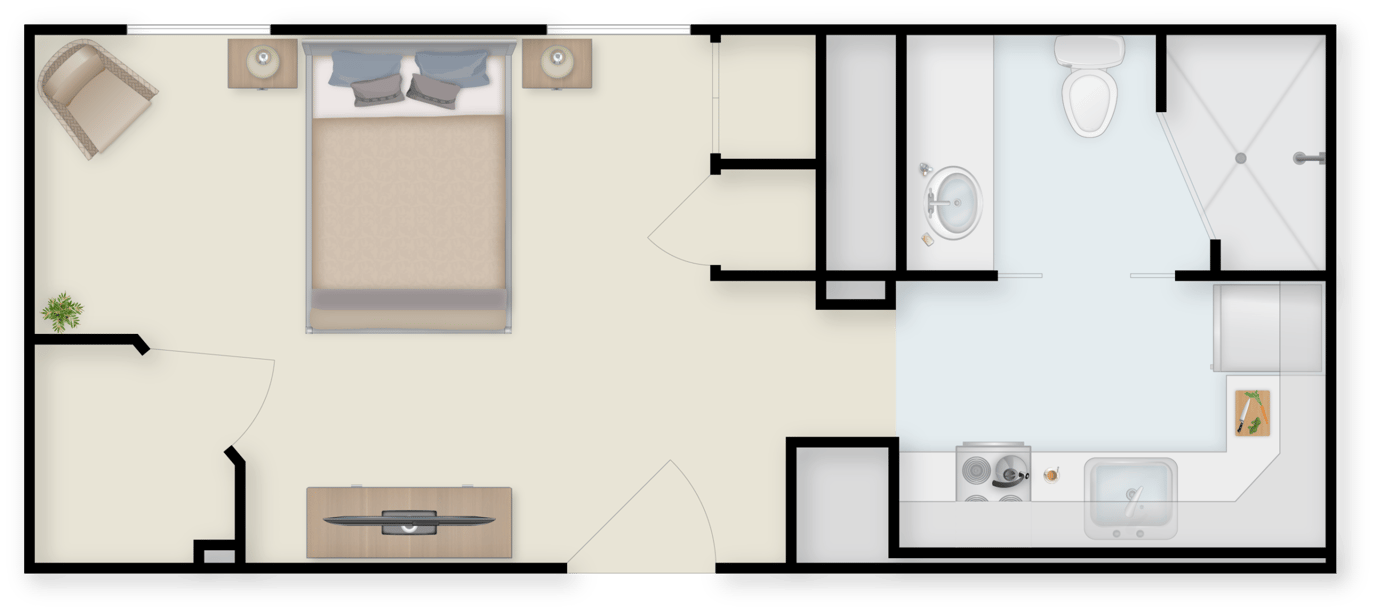 Floor plan of a resident room with bathroom