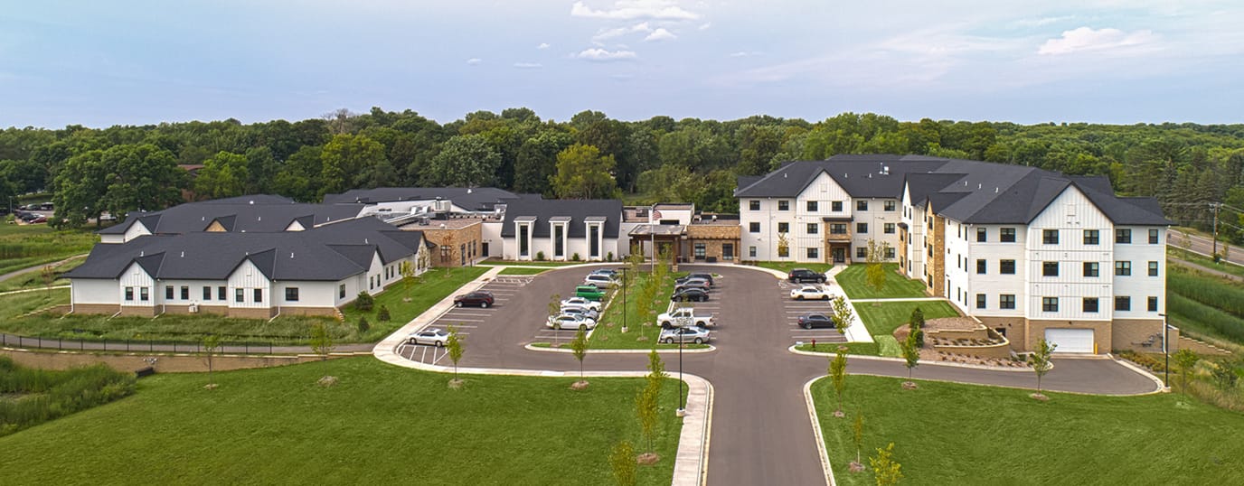Aerial view of Haven Homes Assisted Living facility with landscaped grounds