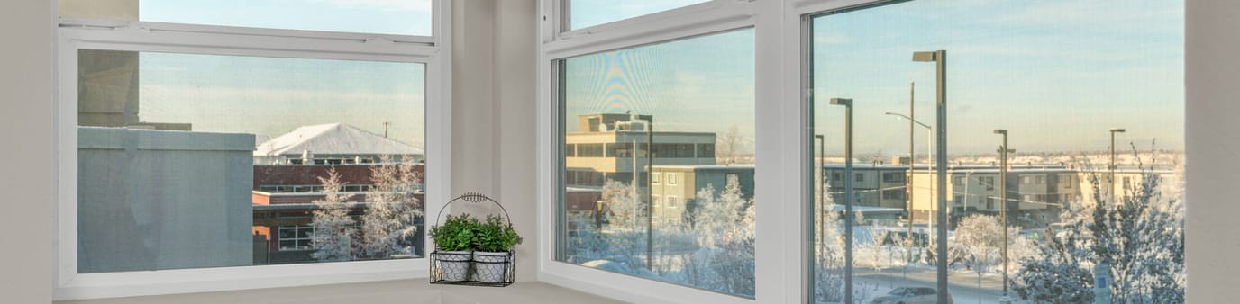 View through windows showcasing a snowy outdoor landscape