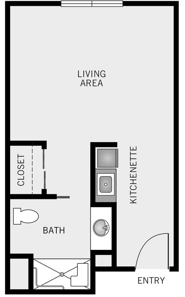 Floor plan layout of a living area with kitchenette