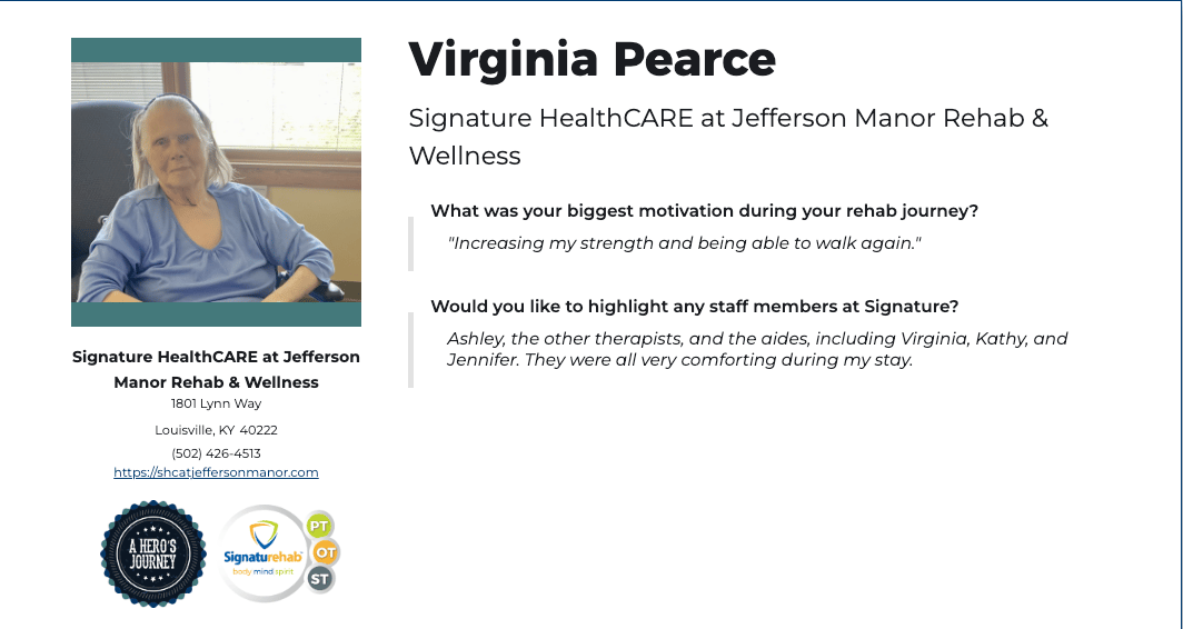 Resident Virginia Pearce shares her rehab journey.