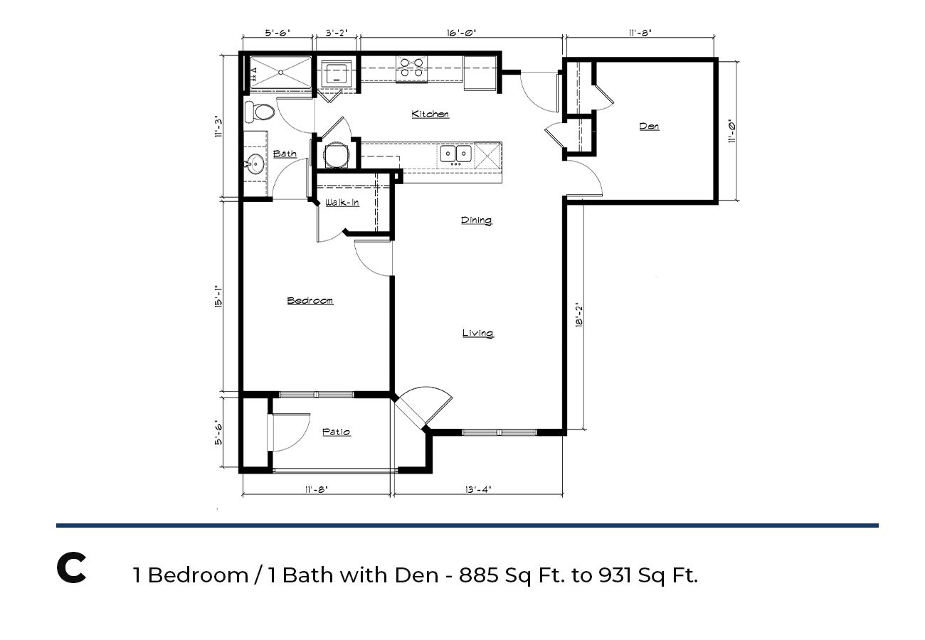 Architectural floor plan of a one-bedroom unit