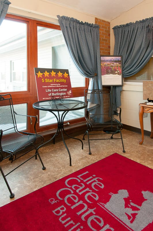 Interior seating area with facility branding