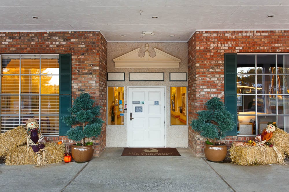 Entrance of Life Care Center with autumn decorations