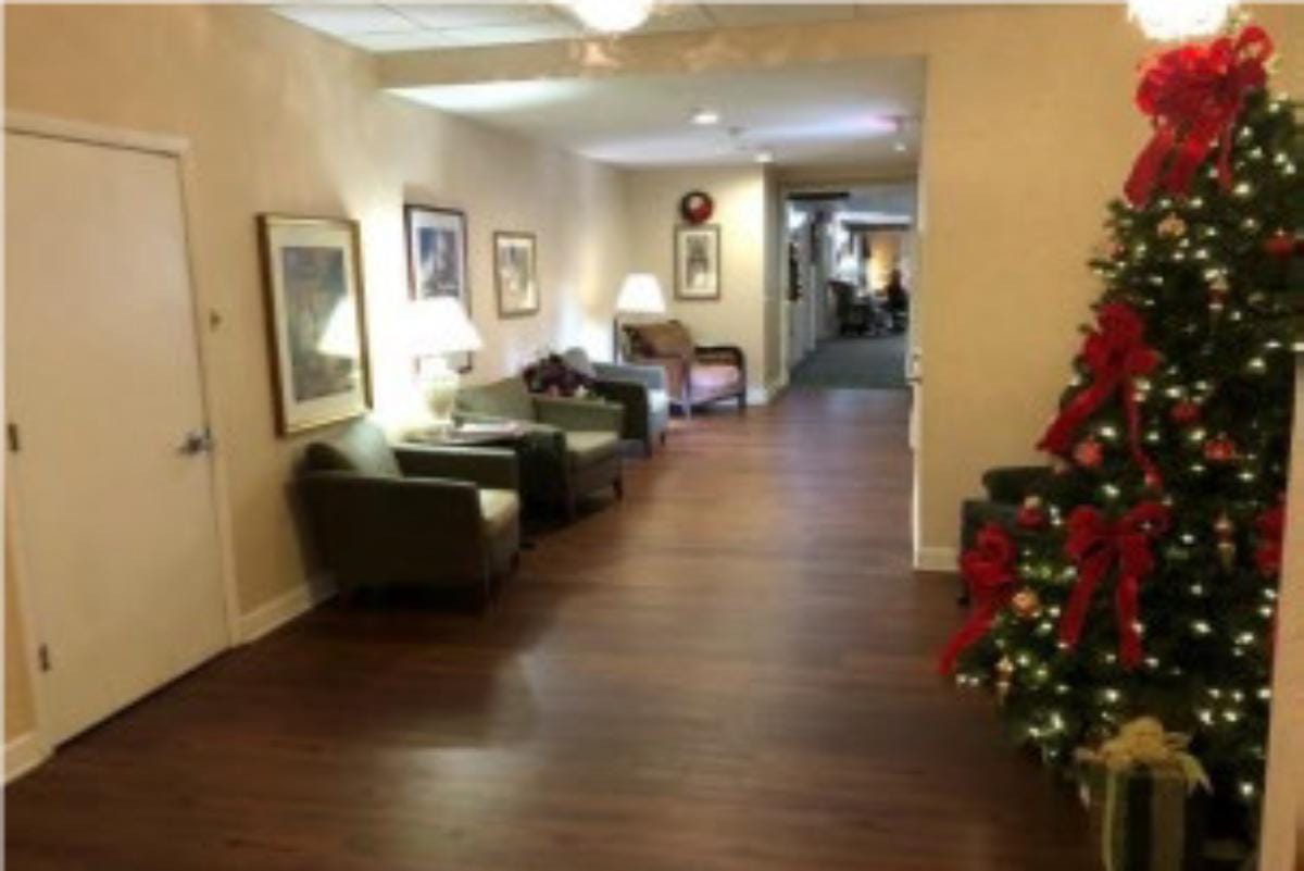 Interior hallway decorated for the holidays