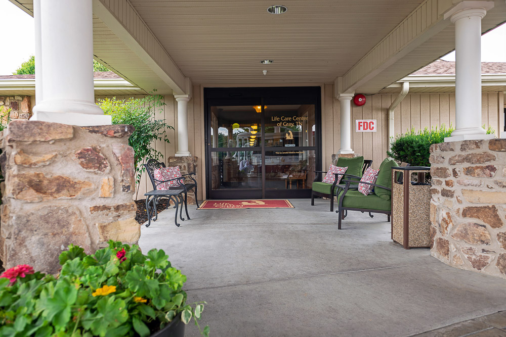 Entrance area of Life Care Center of Gray with seating