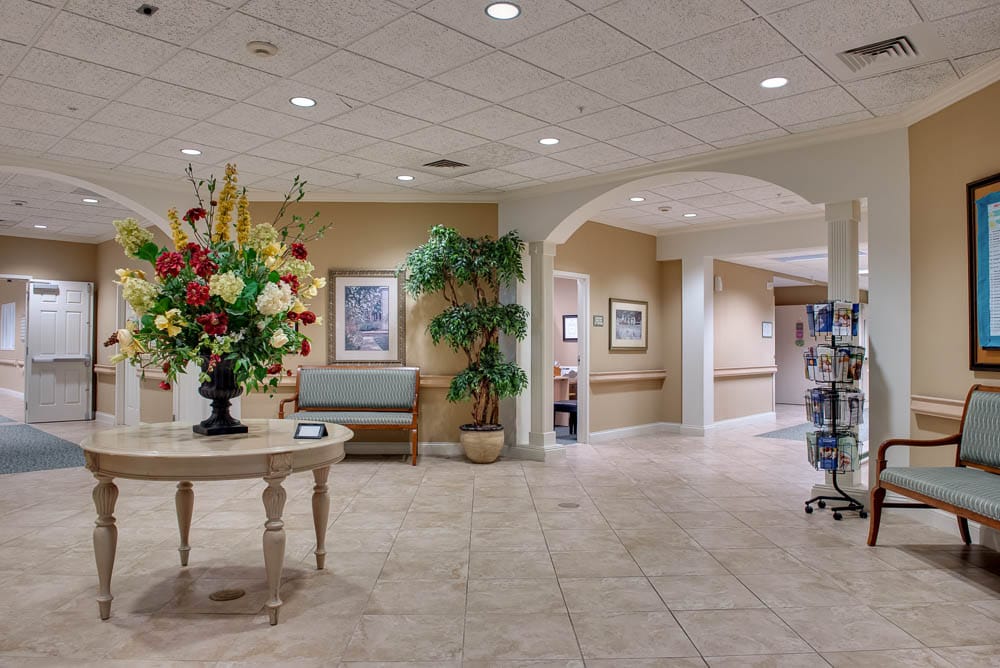 Interior common area with decorative flowers and seating
