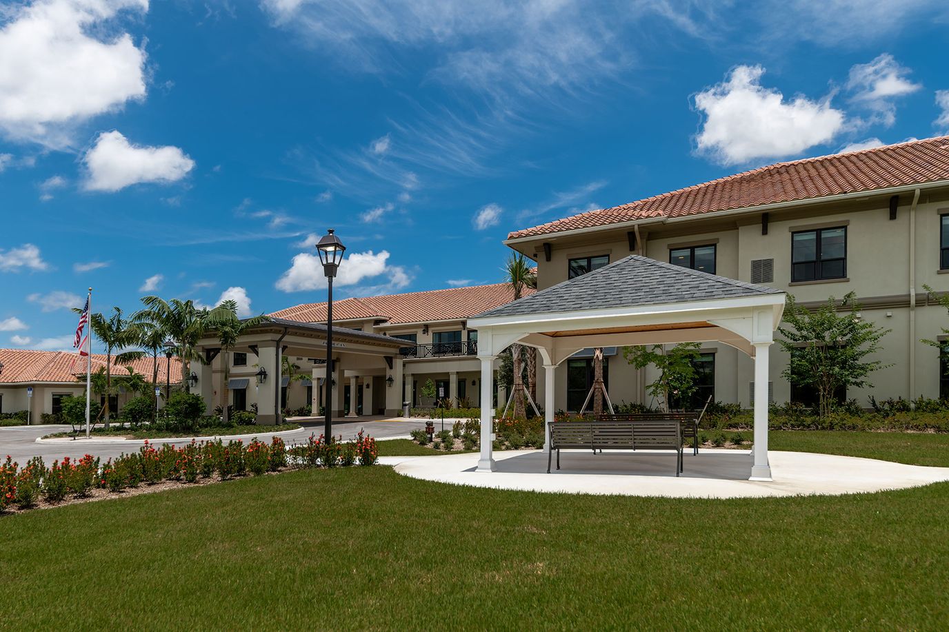 Outdoor seating area in front of the facility