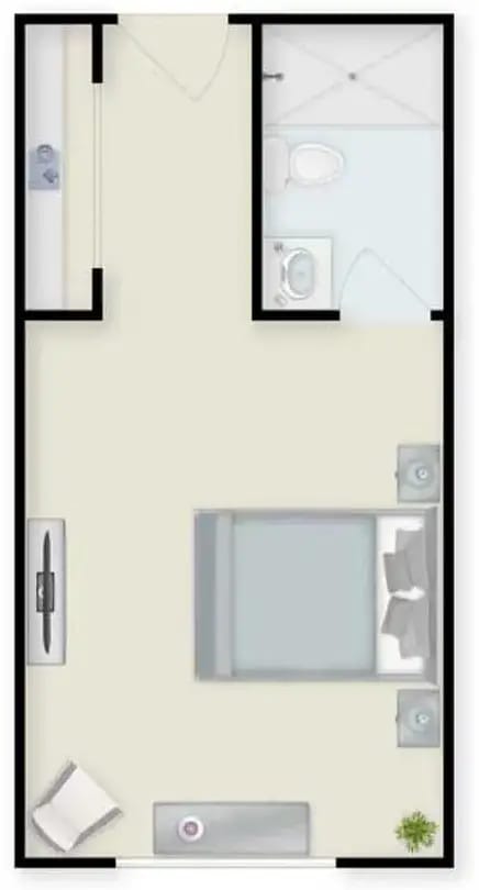 Architectural layout of a one-bedroom unit