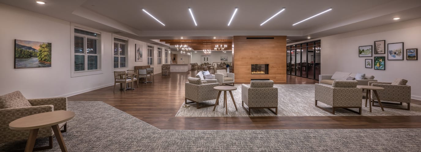 Bright and modern common area with seating options