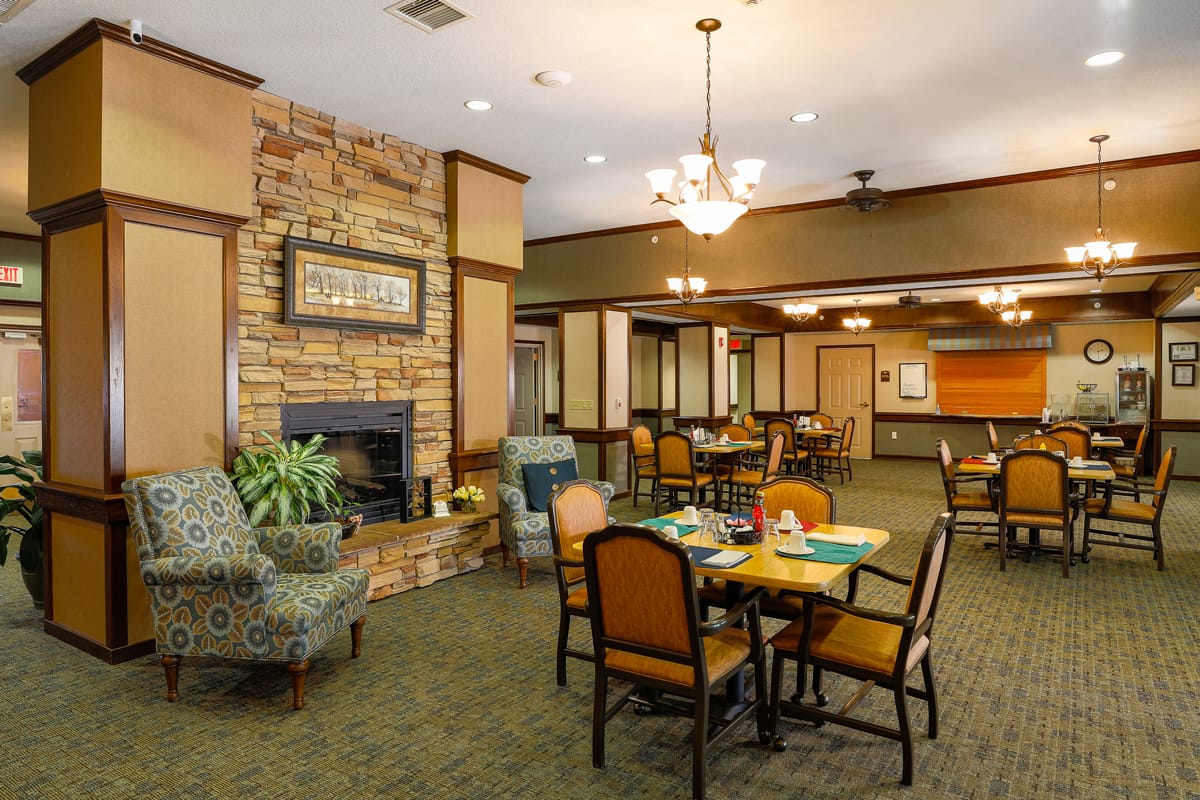 Bright dining area with tables and seating