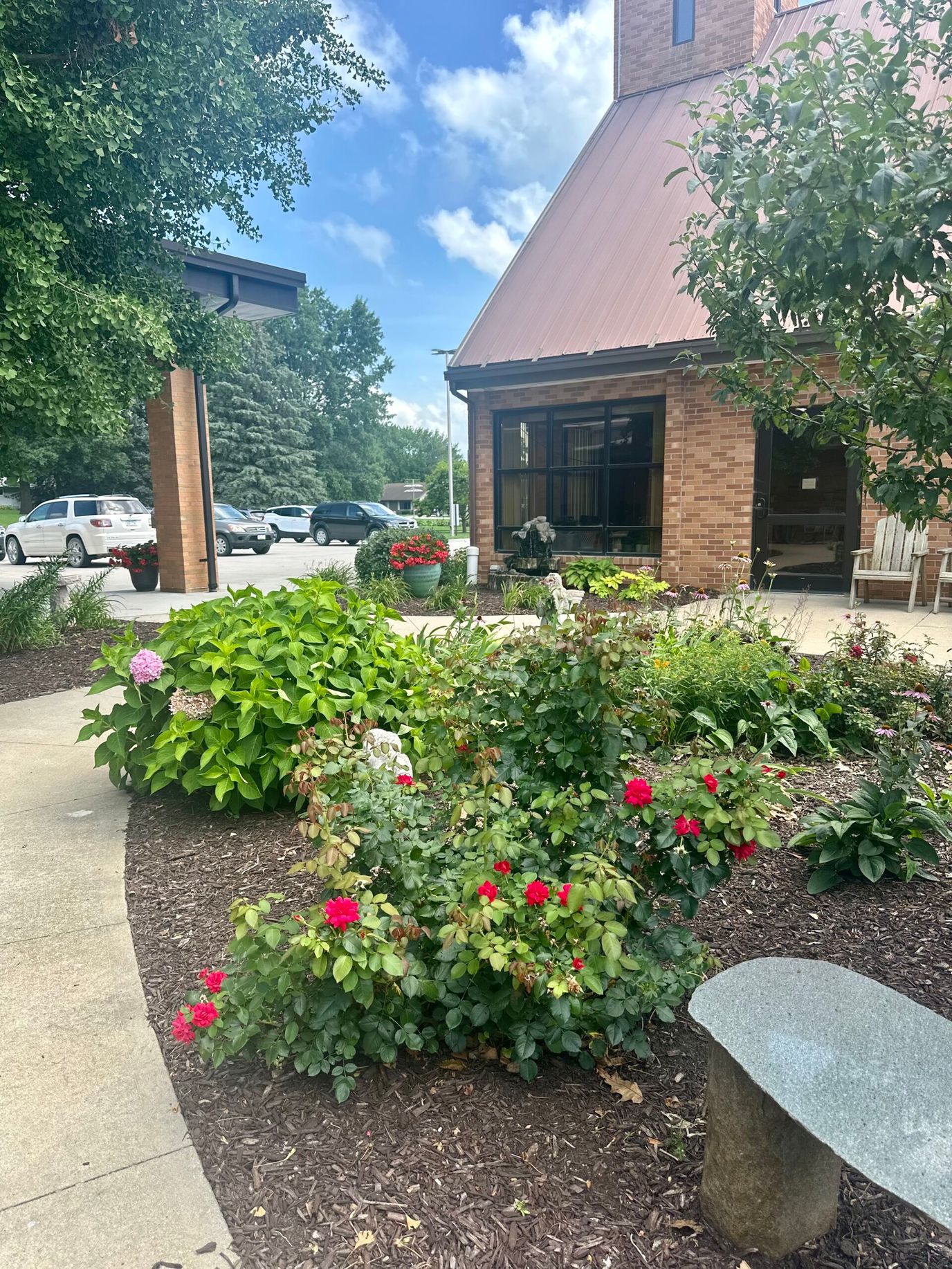 Colorful flower beds near the entrance of the facility