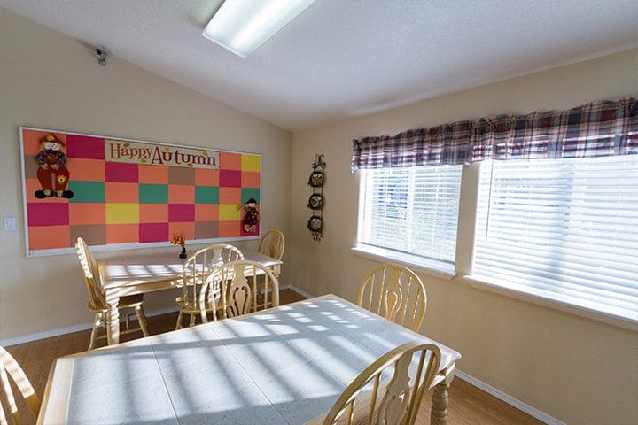 Bright common area with autumn decorations