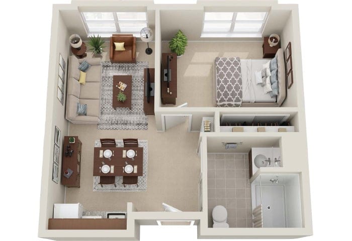 Interior layout of a one-bedroom unit with living area