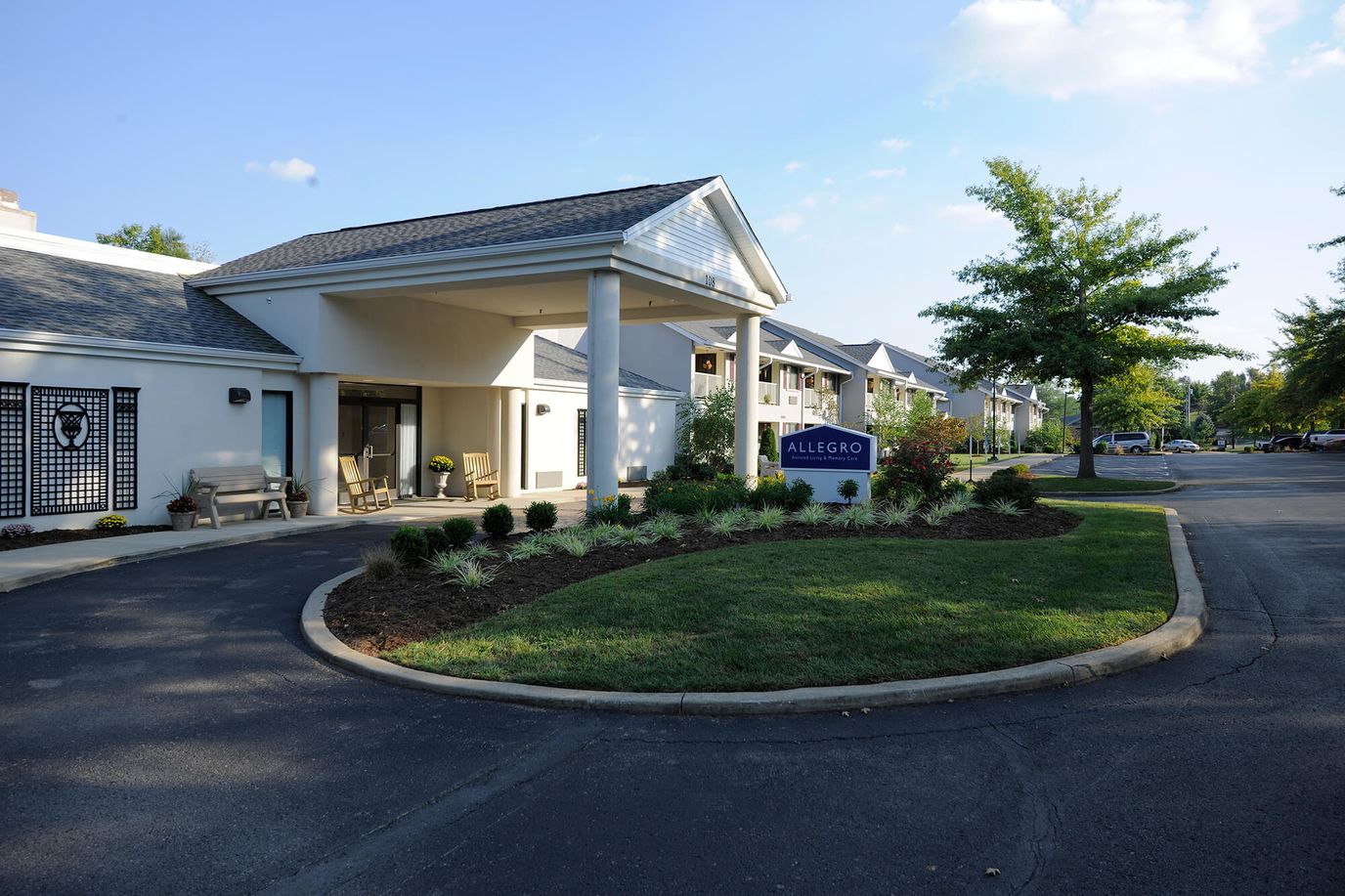 Exterior view of a senior living facility entrance