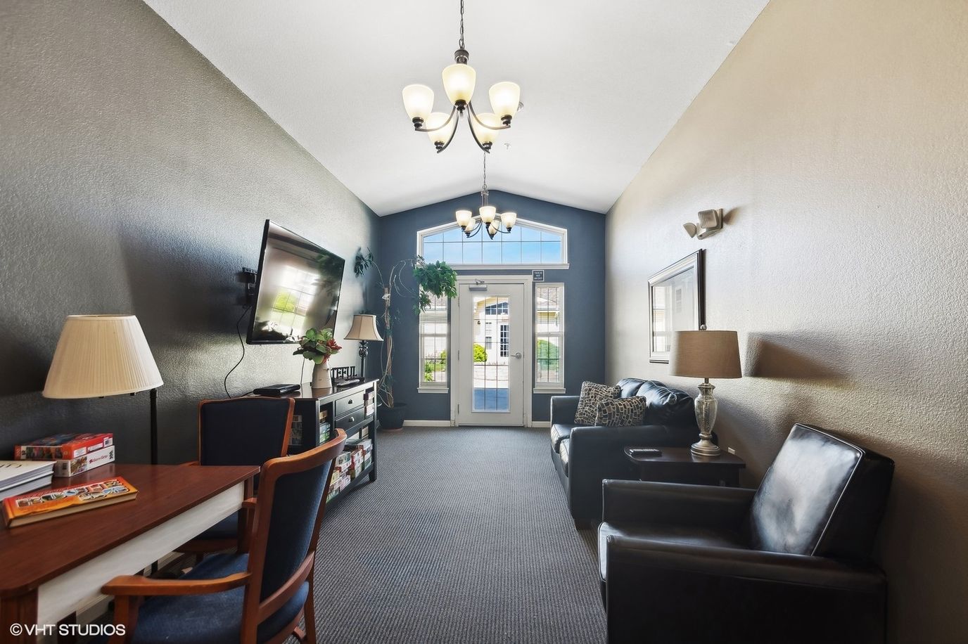 Bright and inviting interior common area with seating