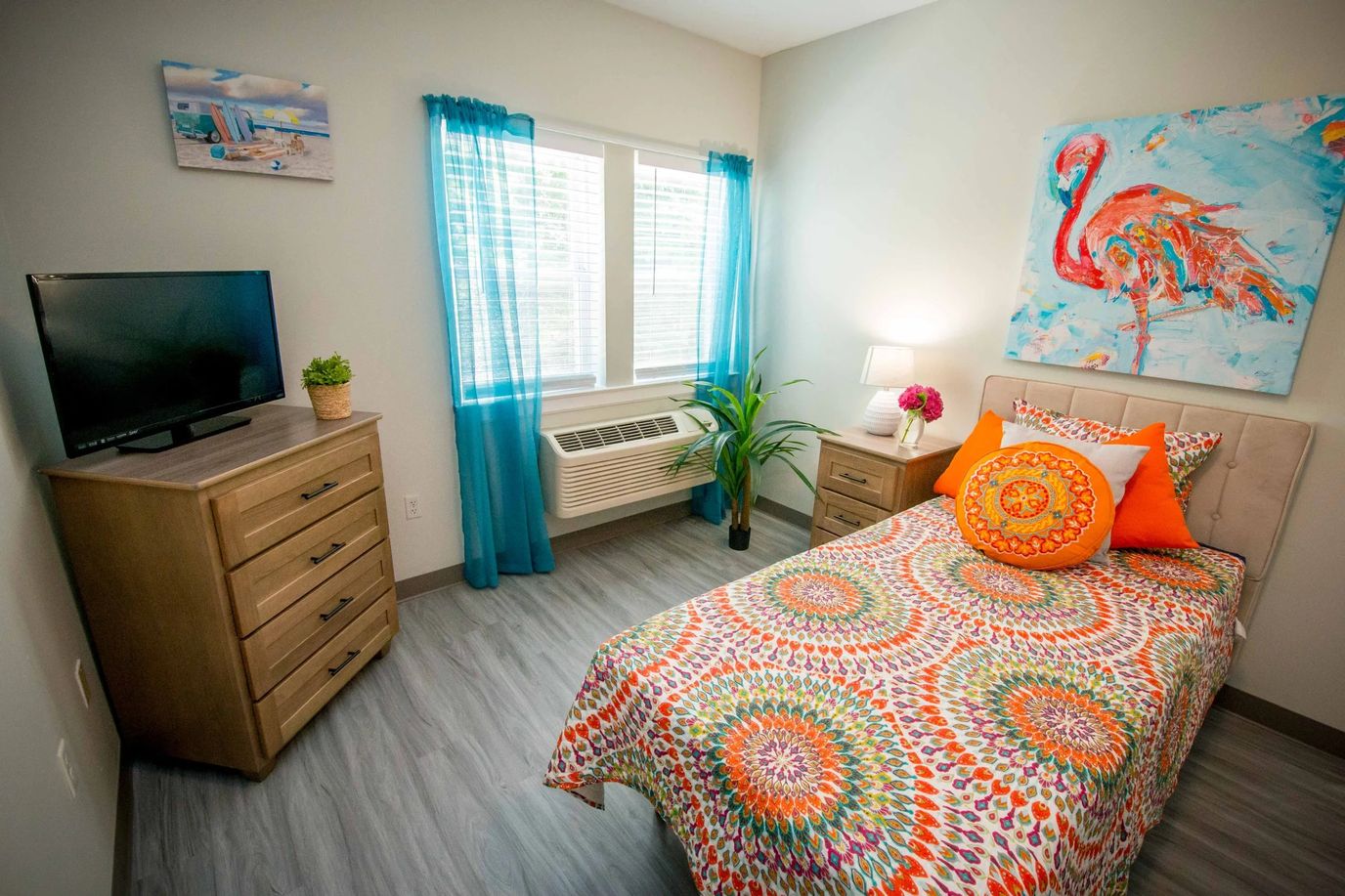 A vibrant resident room with colorful decor