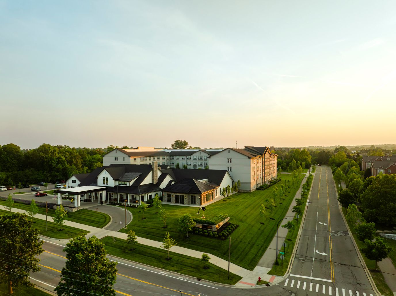 Aerial view of Clarendale Ann Arbor and its gardens