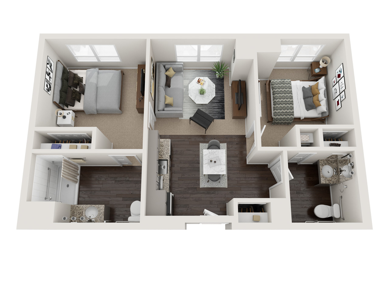 Floor plan of a two-bedroom layout in a senior living facility