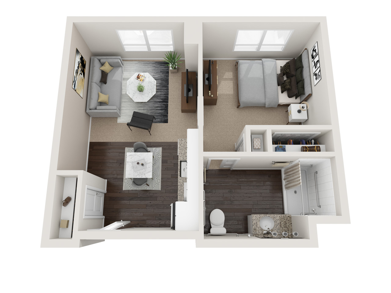 Aerial view of a one-bedroom apartment layout