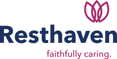 Resthaven Maple Woods, assisted living in Holland, MI — Resthaven logo with floral design and tagline